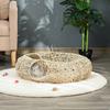 Rattan Cat Bed 78x69x22 Cm Plump Cat Basket with Soft Cushion 3 Access Holes Cat Tunnel Natural Wood