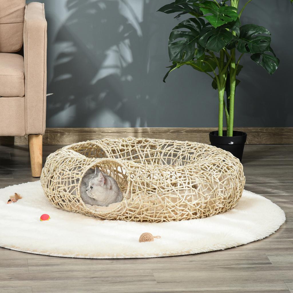 Rattan Cat Bed 78x69x22 Cm Plump Cat Basket with Soft Cushion 3 Access Holes Cat Tunnel Natural Wood