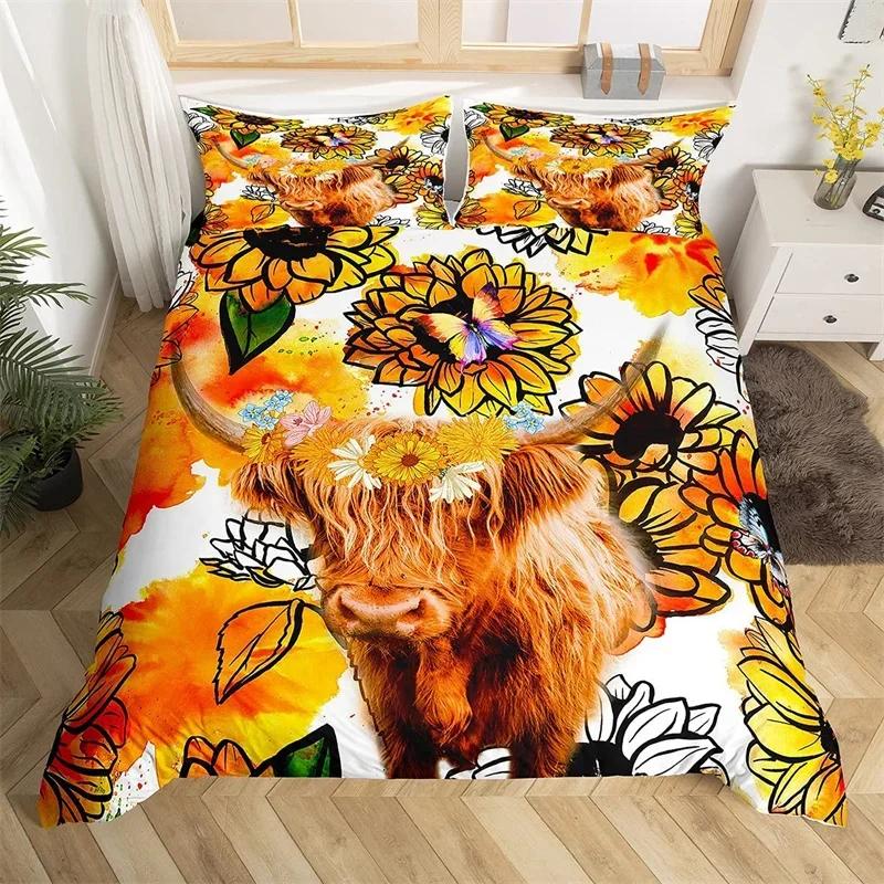 Hochlandrind Bettbezug Bulle Sonnenblume Kuh Bettwäscheset Queen Für Jungen Männer Mikrofaser Wildtiere Bauernhaus Tier Bettdeckenbezug
