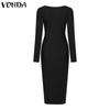 VONDA Women U-Neck Long Sleeve Solid Color Rib Tight Bodycon Dresses