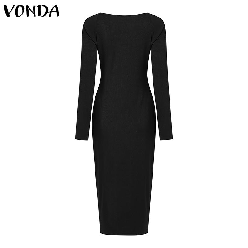 VONDA Women U-Neck Long Sleeve Solid Color Rib Tight Bodycon Dresses