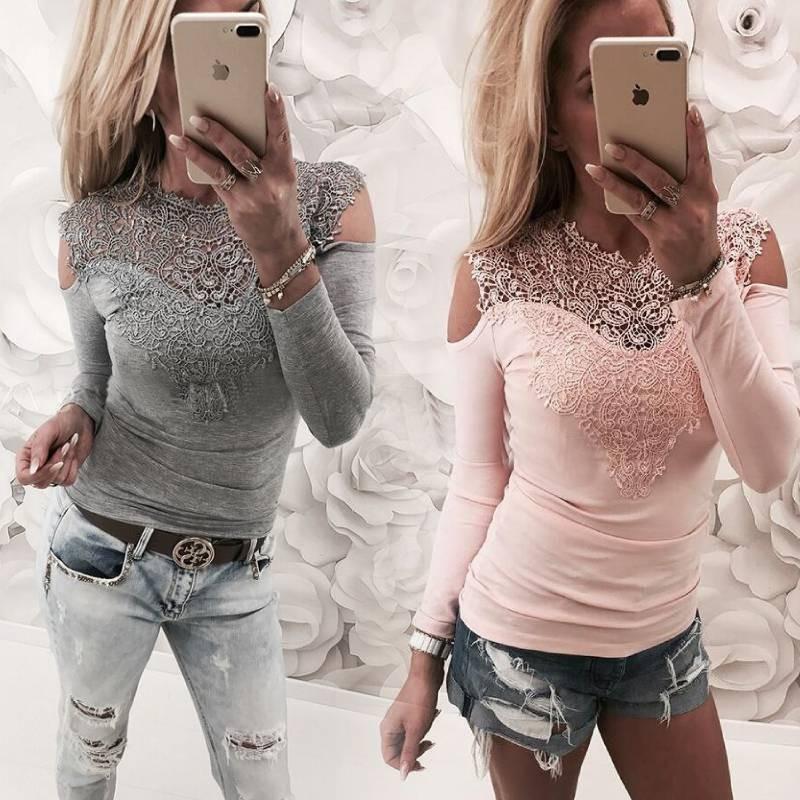 Elegant Spring Collection Sexy Lace Shoulder Cutout Cotton T-shirt Top In Gray Pink White And Black