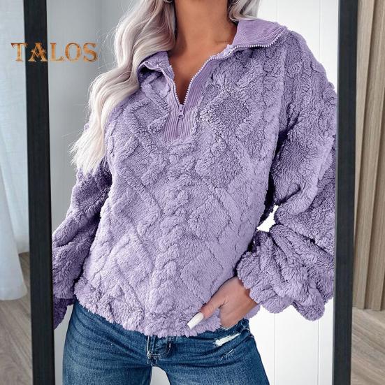 Winter Women Sweatshirt Zippered Turn-down Collar Rhombus Texture Plush Thick Long Sleeves Solid Color Keep Warm Autumn Top