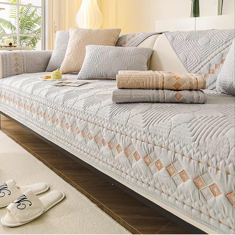 Washable Cotton Embroidered Sofa Cushion Slipcover, Modern Non-Slip Couch Cover Protector