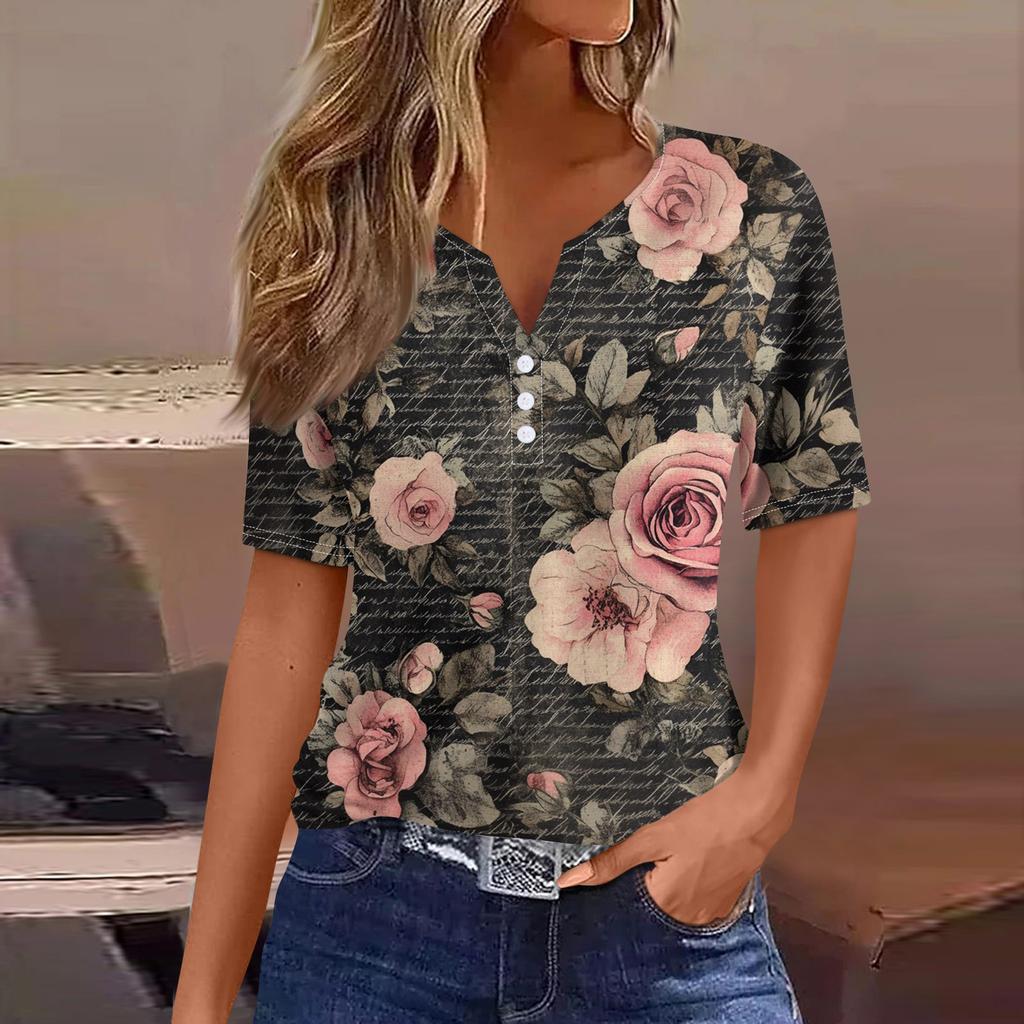 Women's T Shirt Tee Print Button Short Sleeve Daily Weekend Fashion Basic V- Neck Regular Top