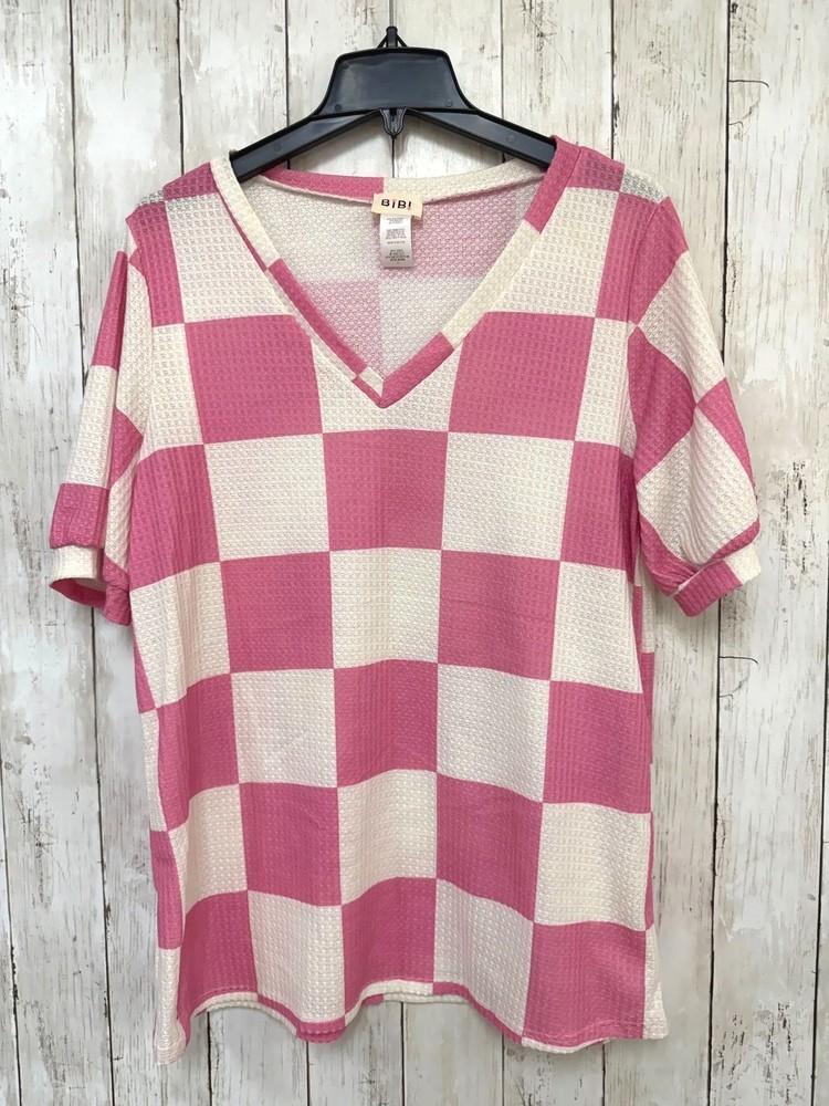 BiBi Womens Checkerboard Top Size L Pink White V-Neck Waffle Knit T-Shirt Unisex T-Shirt XXL