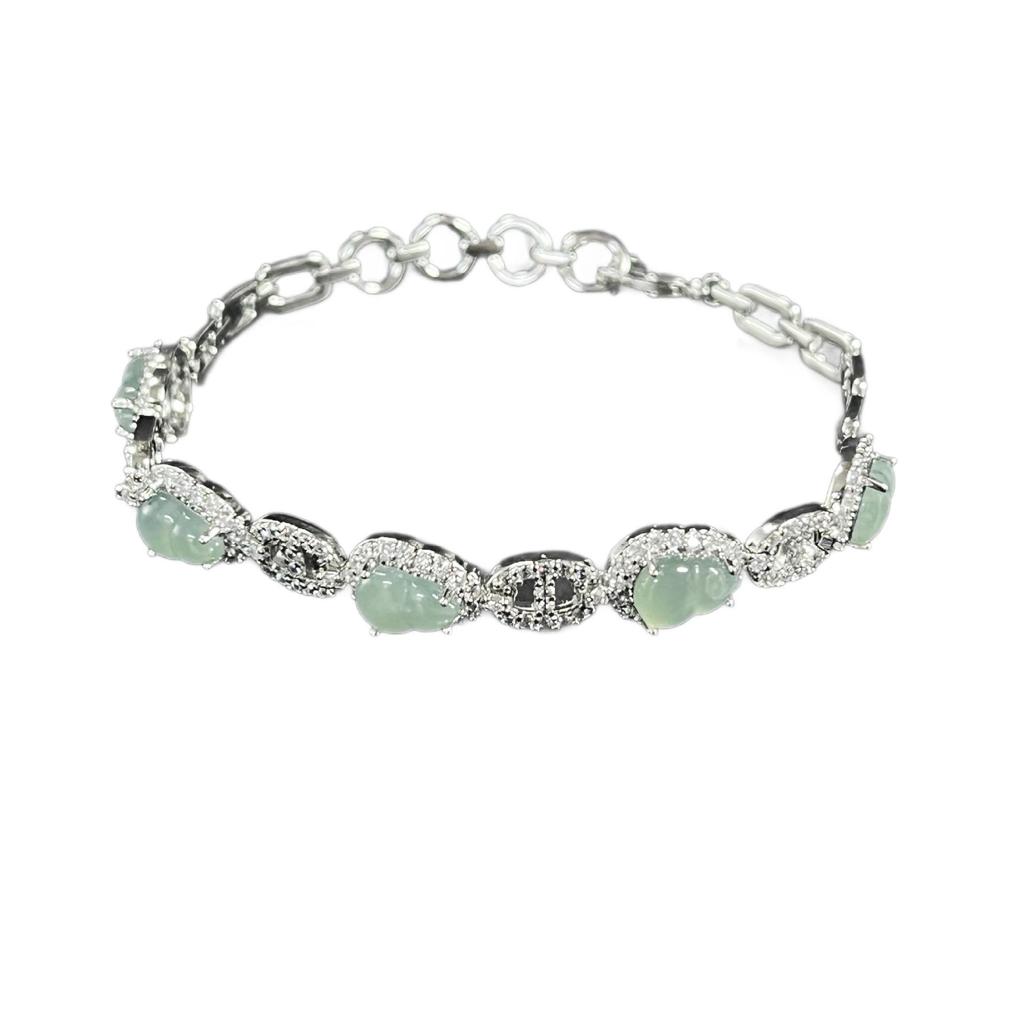 Natural Blue Water Jade Gourd Bracelet with Inlaid Diamonds - Elegant Chinese Style Women's Jewelry