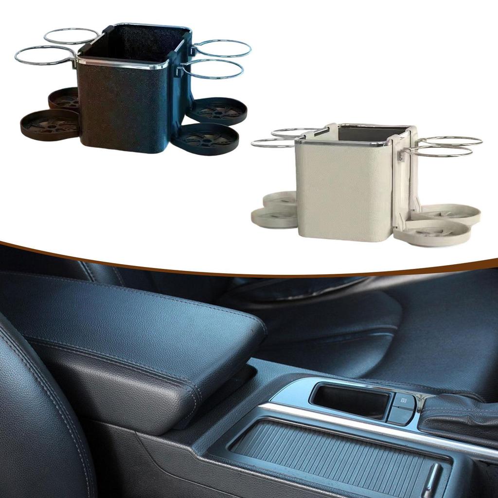 Car Armrest Storage Box Center Organizer with 4 Foldable Cup Holders Universal Napkin Holder