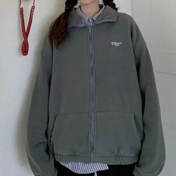 Polar Fleece Cardigan Zipper Stand Collar Hoodie Women Korean Loose Jacket Lazy Style Top