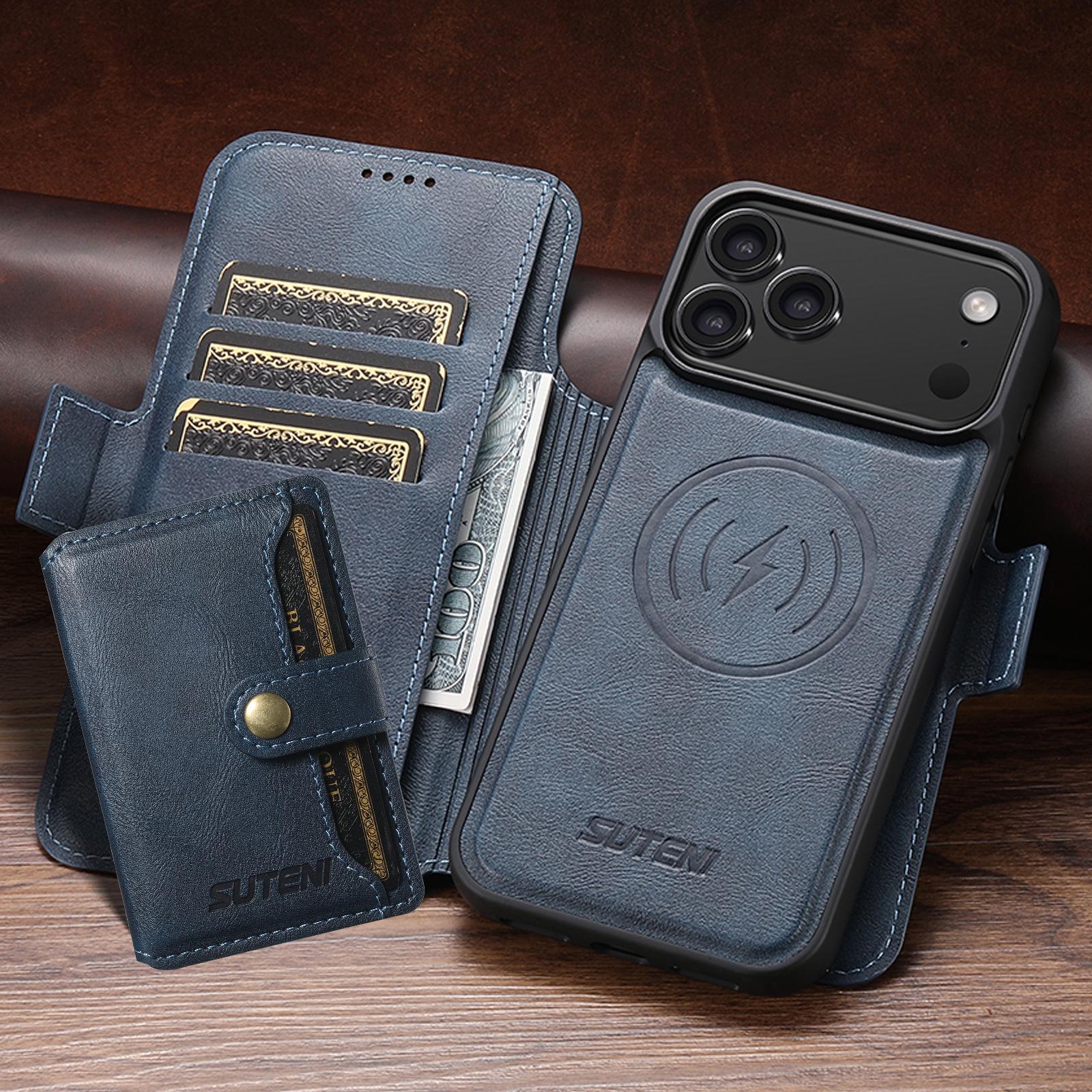 

Магнитный чехол-книжка для iPhone 17 Pro Max с отделением для карт и подставкой для беспроводной зарядки iPhone 17 Pro Max синий