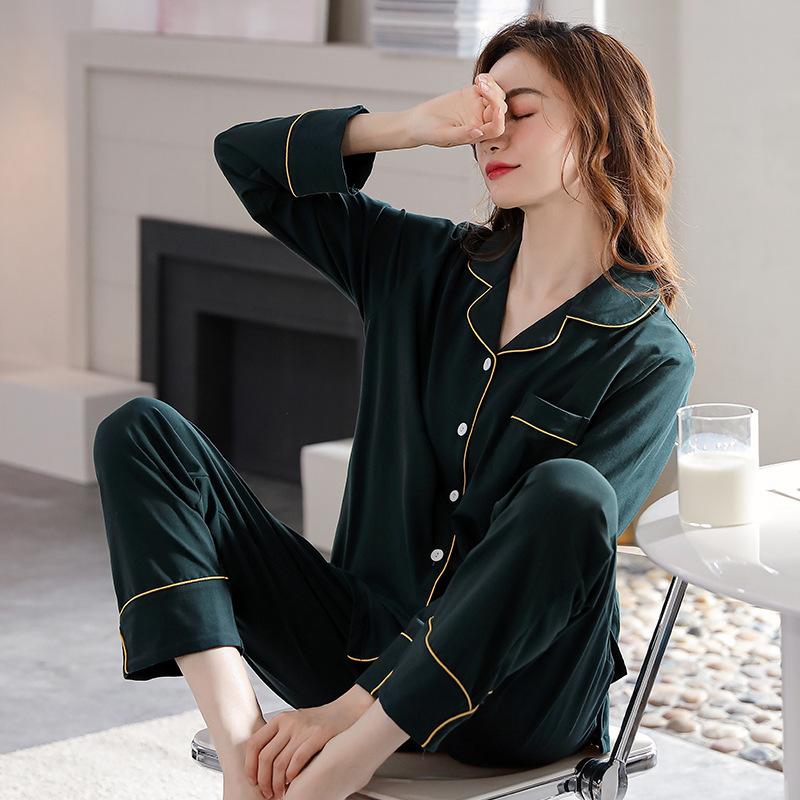 

Autumn and winter pajamas women s spring and autumn cotton long-sleeved lapel loungewear cotton autumn large size Korean version loose suit 3xl recommended 80-90kg
