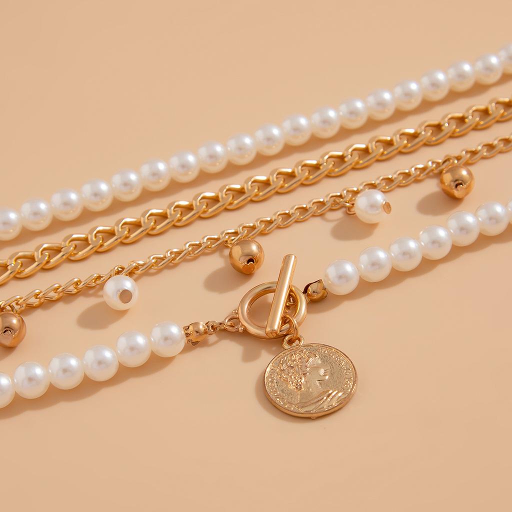 Sweet and Cool Imitation Pearl Stacked Necklace, Baroque Retro Beaded Portrait Pendant Item Jewelry Women