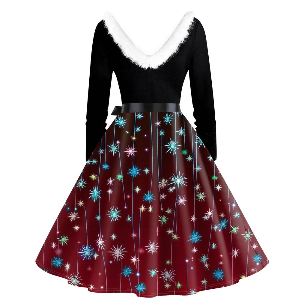 Damenmode V-Ausschnitt Lässig Schlank Weihnachten Bedruckt Langarm Haarkragen Kleider