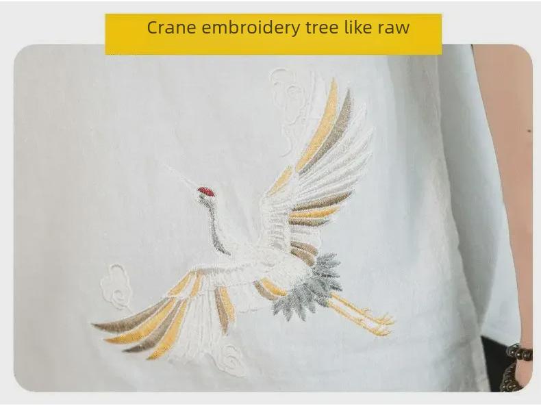 Men’s Chinese Crane Embroidery Cotton-Linen Short-Sleeve T-Shirt