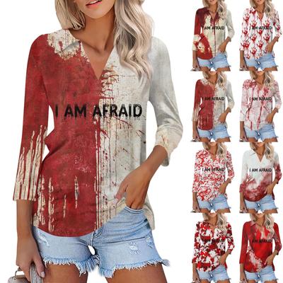 Damska Modna Koszulka Casual z Krwawym Nadrukiem na Halloween z Dekoltem w Serek i Rękawem 3/4