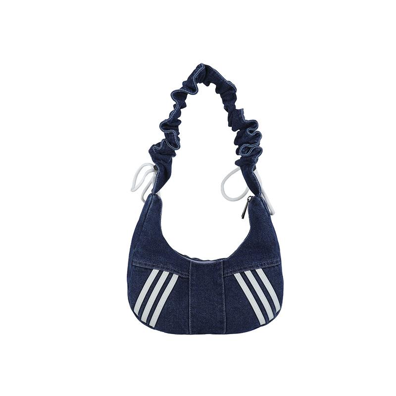 Fashion Denim Hobo Bag Ruched Strap Striped Design Zipper Closure Casual Shoulder Purse for Women