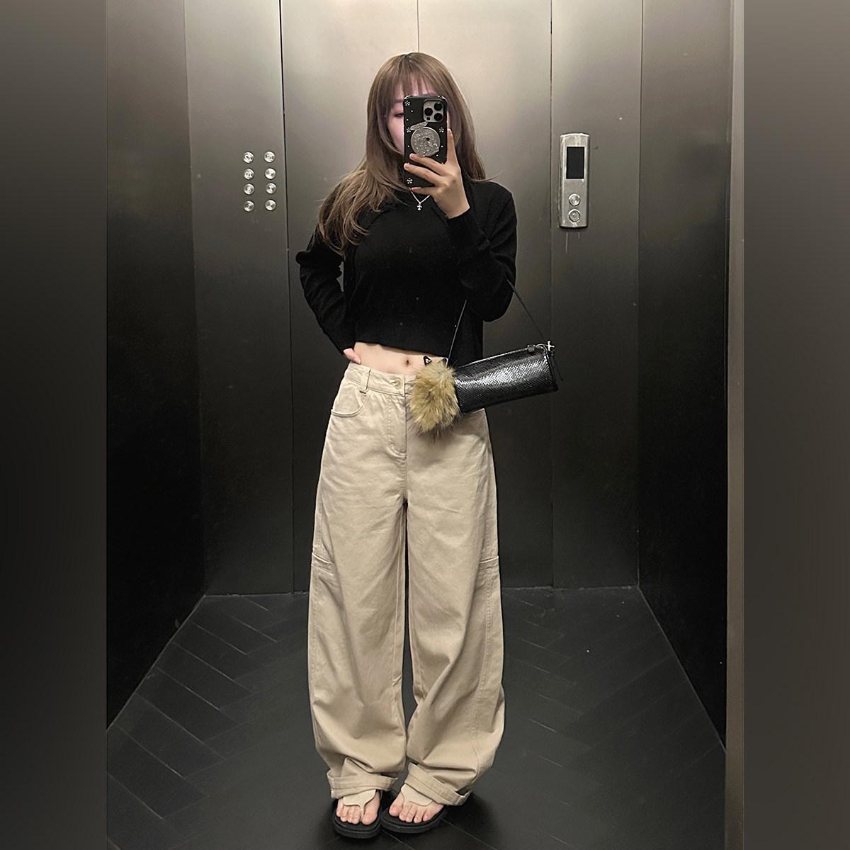 

Spring Arrival: Women s Retro Washed Cotton Side Seam Shifted Straight Leg Casual Pants Small хаки