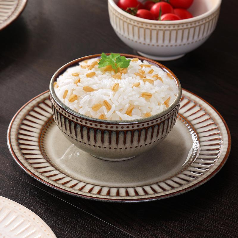 Nordic Vertical Stripe Embossed Ceramic Dining Set: Bowls, Plates, Dishes, Coffee Cup & Saucer, Fish Plate for Western Cuisine.