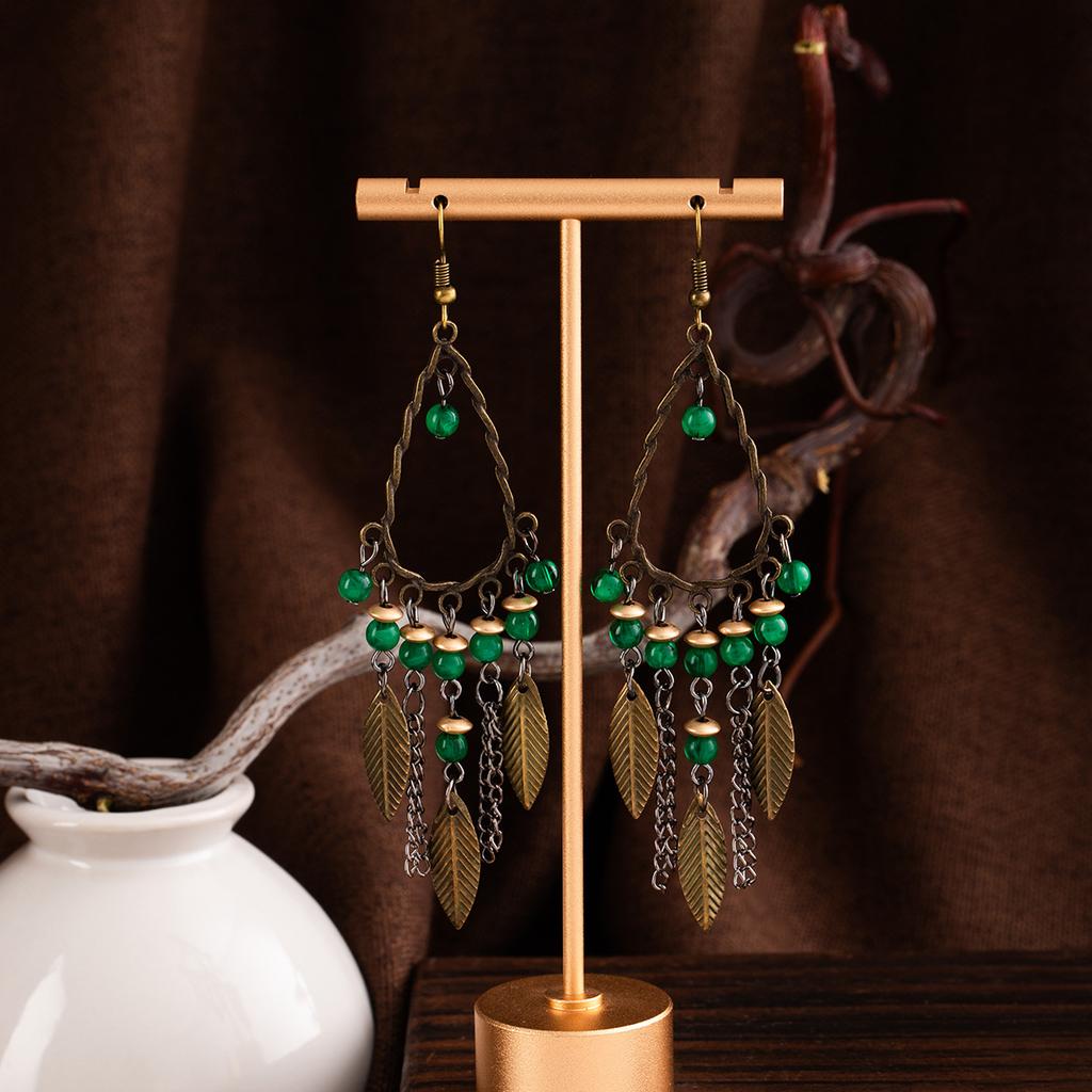 Vintage Bohemian Ethnic Style Earrings Long Green Leaf Beaded Fringed Stud Earrings Niche High-End Earrings