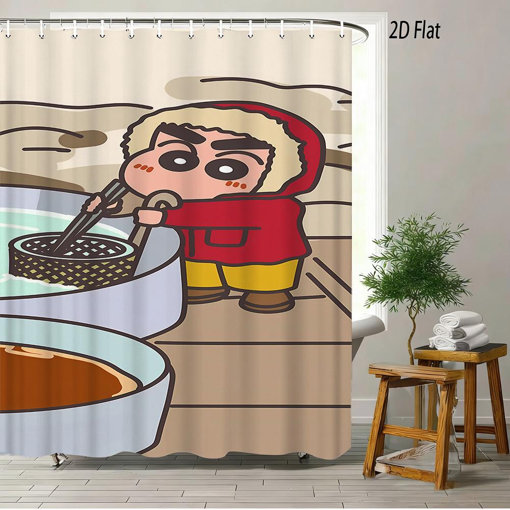Crayon Shin-Chan & Shiro Checkerboard Pattern With Camera & Radio 2D Print Waterproof Shower Curtain, Yellow & White Bathroom De