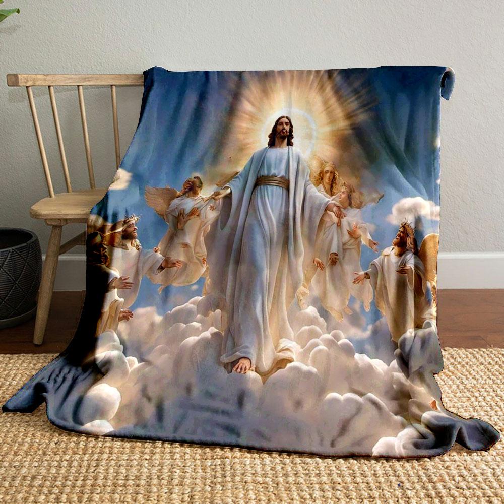 A divine figure in white robes surrounded by angels and glowing light. for all seasons blanket lunch break throw gift