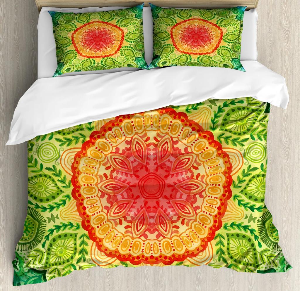 Mandala Duvet Cover Set Boho Lotus Flower Microcosm Motif Unique Retro Green Theme Double Queen King Size Polyester Qulit Cover