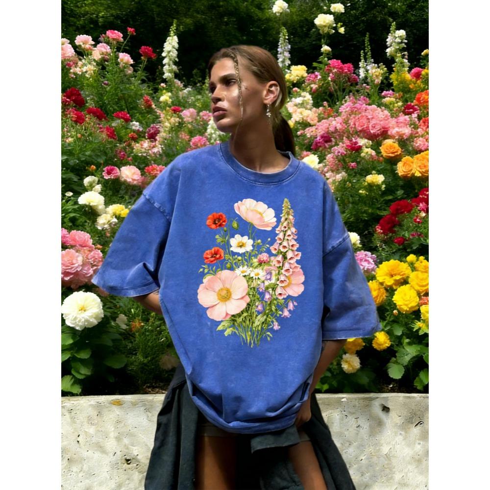 Beautiful Daisy Wind Chime Flower Print Washed T Shirt Women Casual Cotton T-Shirts Hip Hop Clothes Loose Short Sleeves