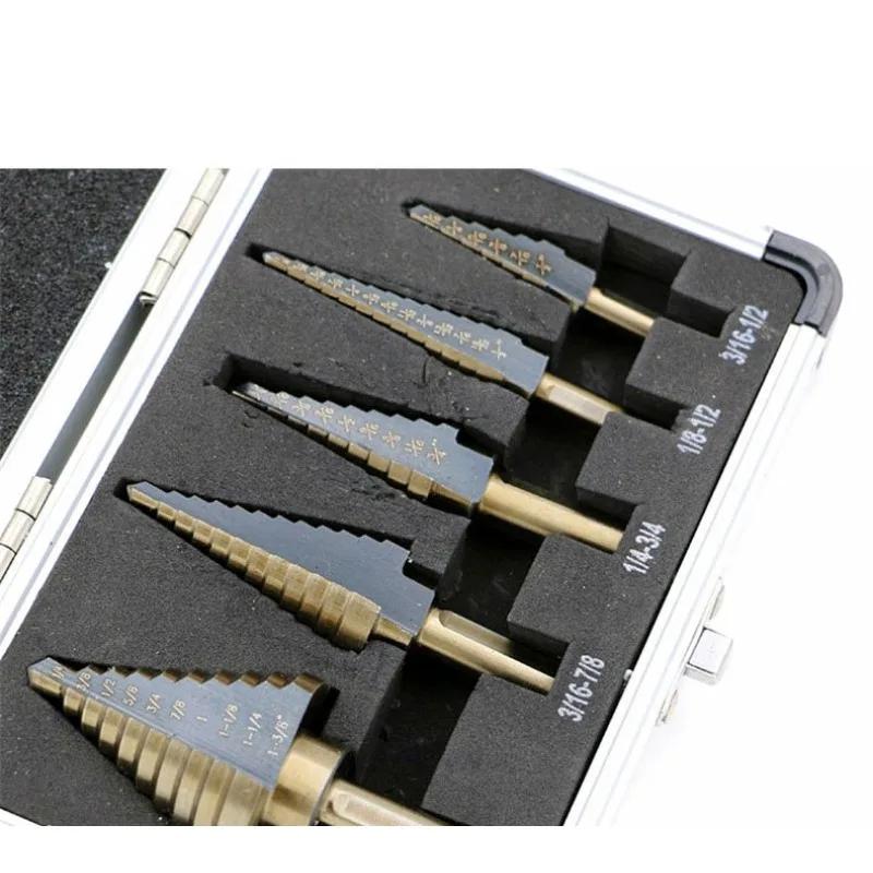 5pc British System Roasted Yellow Triangular Straight Groove Step Drill Blackened Pagoda Drill Hole Opener Aluminum Box Tool