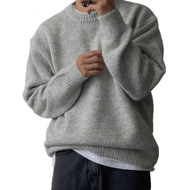 Mens Solid Color Oversized Round Neck Knit Sweater Warm Thick Casual Winter Top
