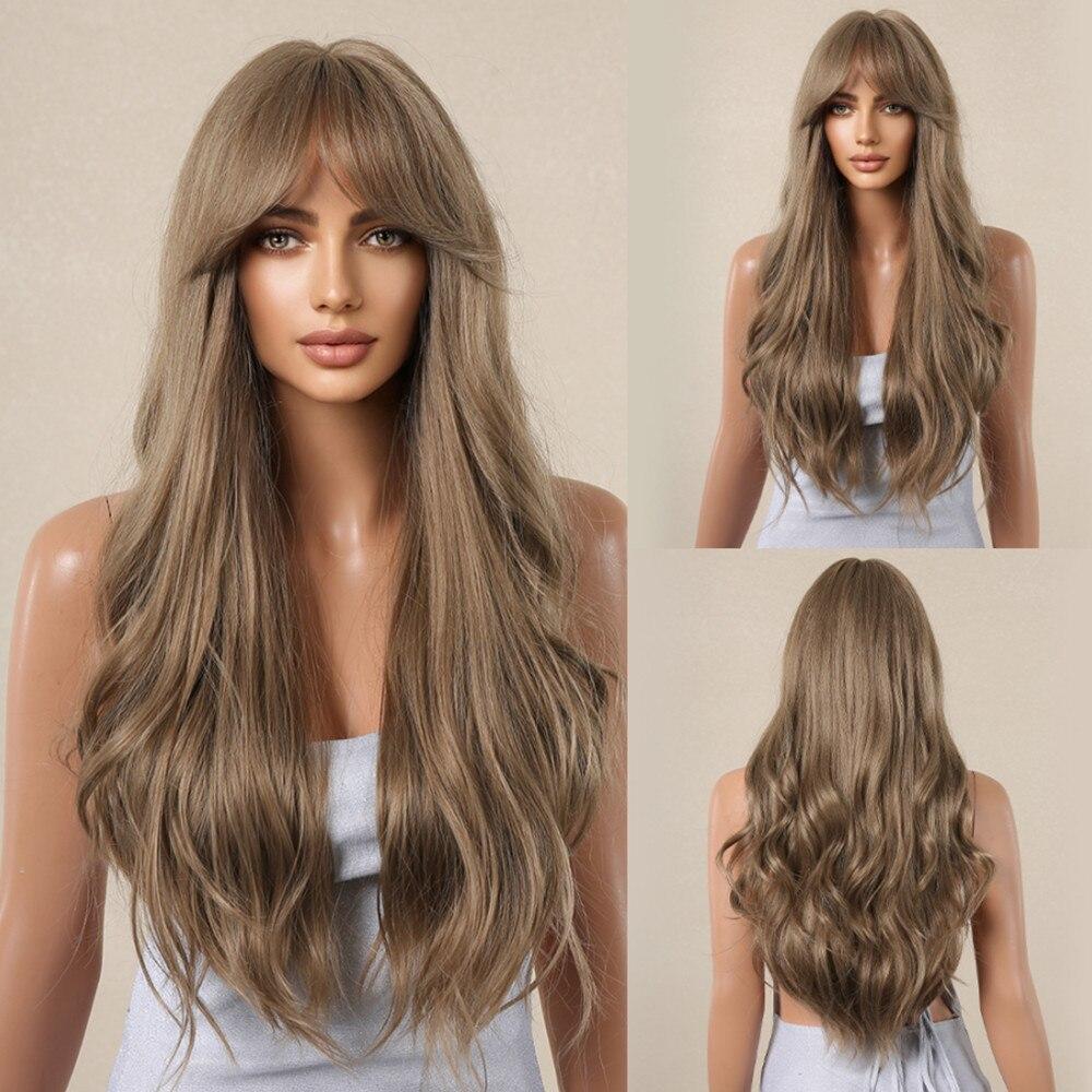 ALAN EATON Brown Highlight Layered Boby Wavy Wig Long Natural Mixed Synthetic Wig Women Daily Hair with Bangs Heat Resistant Wig