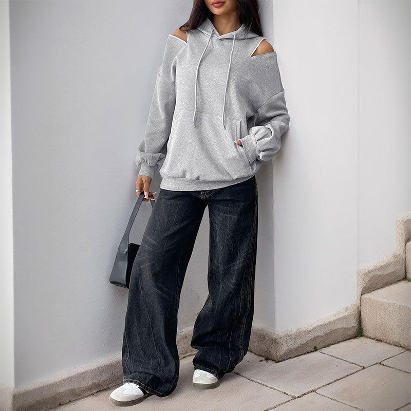 Women's New Long-sleeved Drawstring Hooded Pullover Sweatshirt for Women's Solid Color High-end Gray Slip-shoulder Pocket Sweatshirt