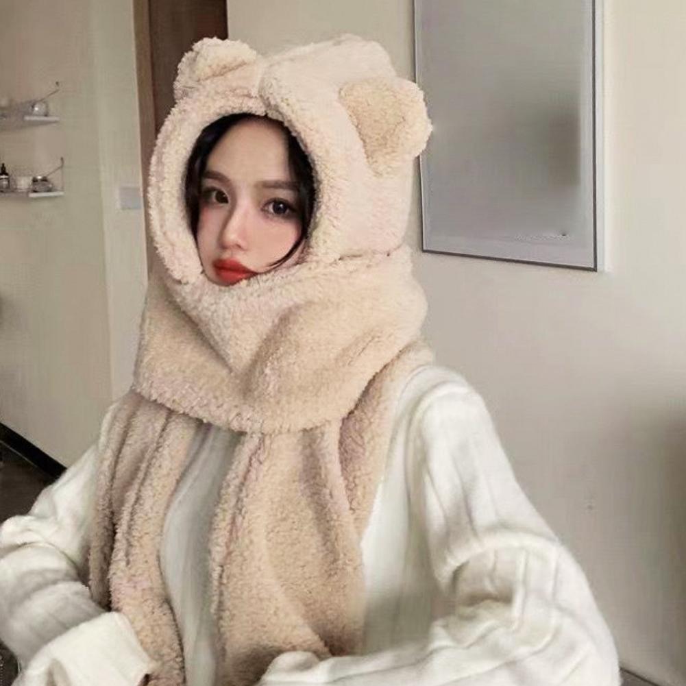 Winter Hat Scarf Gloves Set Bear Ear Protection Warm Windproof Plush Hooded Scarf Mitten Three Piece Set Cute Cartoon Accessory