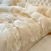 G5Z French Luxury Cotton Lace Trim Bedding Set - Cream, Princess Style, 4-Piece Duvet Cover