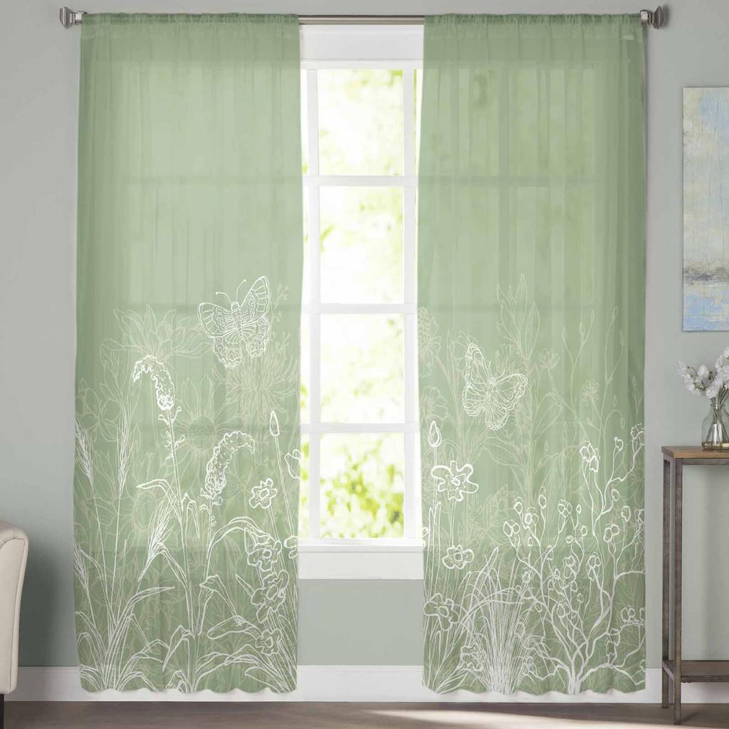 Minimalist Flower Hand Drawn Sheer Curtains for Kids Bedroom Living Room Voile Window Curtains Tulle Drapes