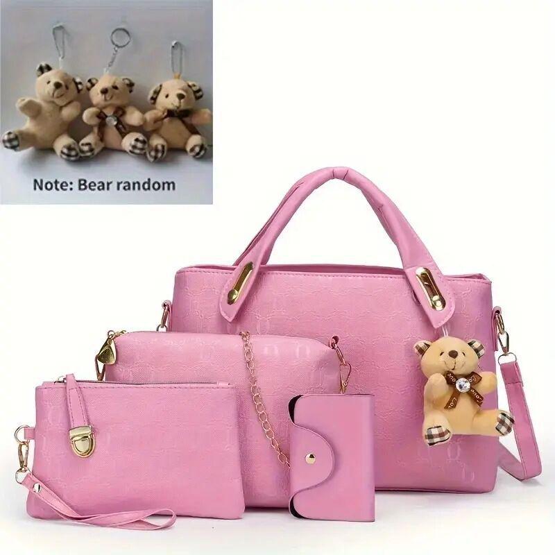 2024 Women's Casual Tote: Four-Piece Mother-Child Bag Set with Bear Shoulder & Crossbody Options