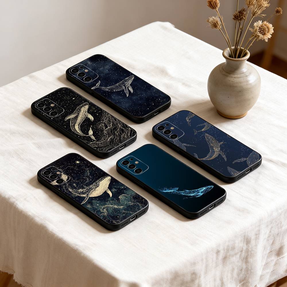 Line W-Whale Phone Case For Samsung S25,S24,S21,S22,S23,S30,Ultra,S20,Plus,Fe,Soft Silicone Black Cover