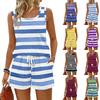 Women's Summer Casual Shorts Two-Piece Set with Striped Print Vest, Square Neck, Sleeveless Sportswear with Pockets