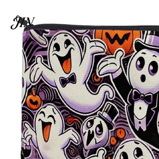 Durable Zipper Bag Halloween Storage Bag, with Colorful Cartoon Ghost Print, Canvas Trendy Makeup Large Capacity Lightweight Travel Toiletry Thick