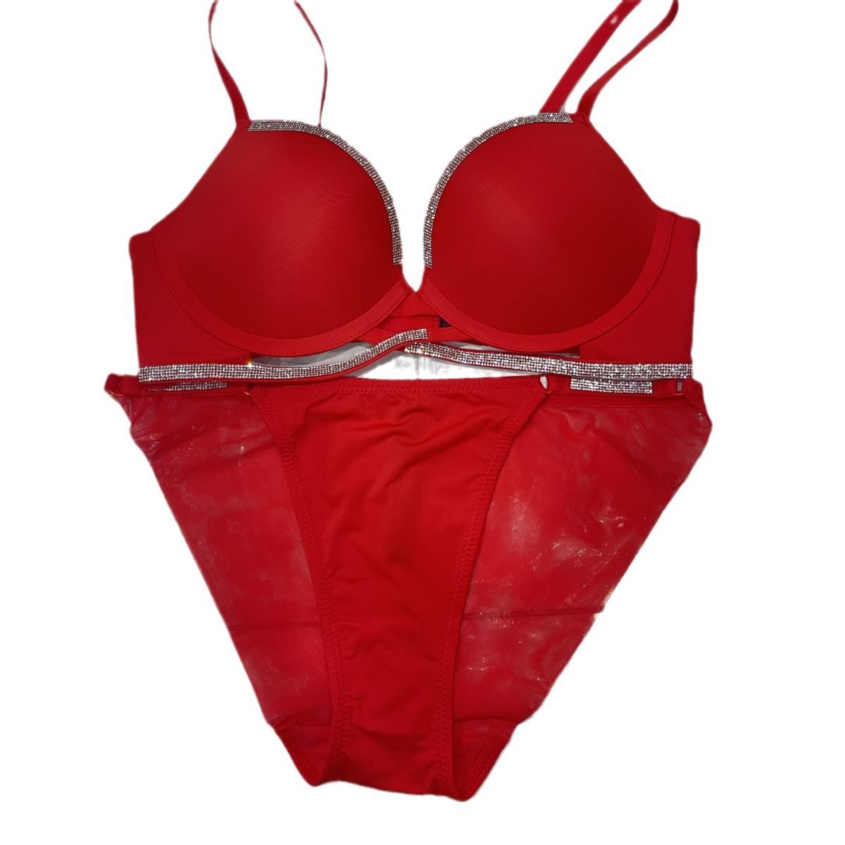 

Глянцевий Гарячий Бісерний Набір Бюстгальтера Пуш-Ап та Трусиків з Перехресними Бретелями 75C червоний