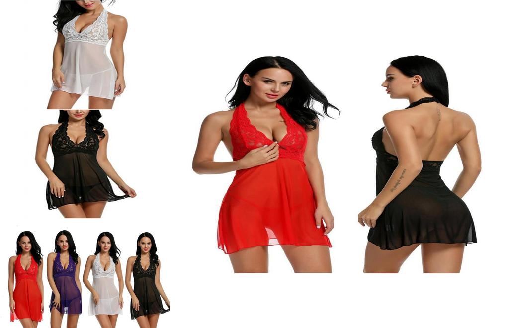 Enchanting Women Sexy Lingerie Dress Baby Doll Halter Lace Patchwork Sleepwear Nightwear