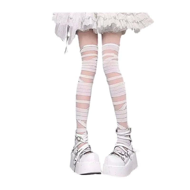 Lolita Cross Irregular Laced Over-the-Knee Stockings for JK Girls