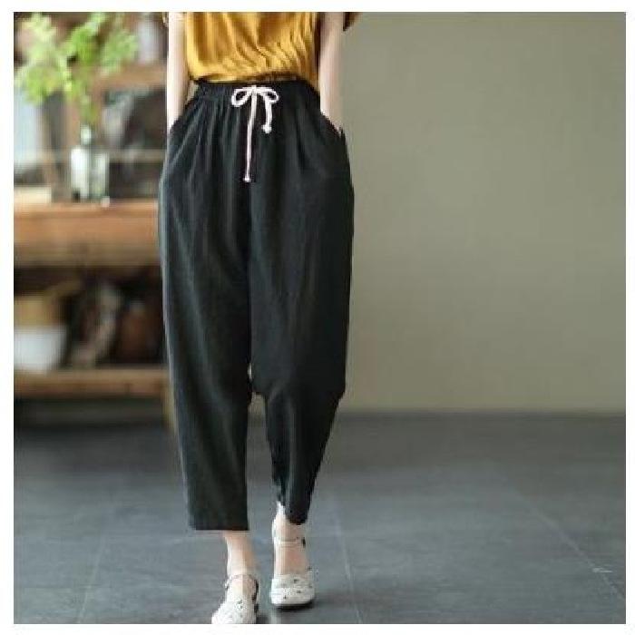 Solid Color Cotton and Linen Pants for Woman Vintage Loose Streetwear Harem Trousers Female Casual High Waist Drawstring Pants