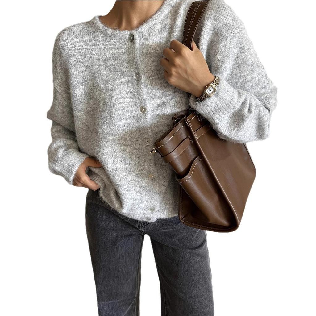 European and American hot-selling white with soft knitted cardigan women's retro buckle gray wool sweater jacket ins wind