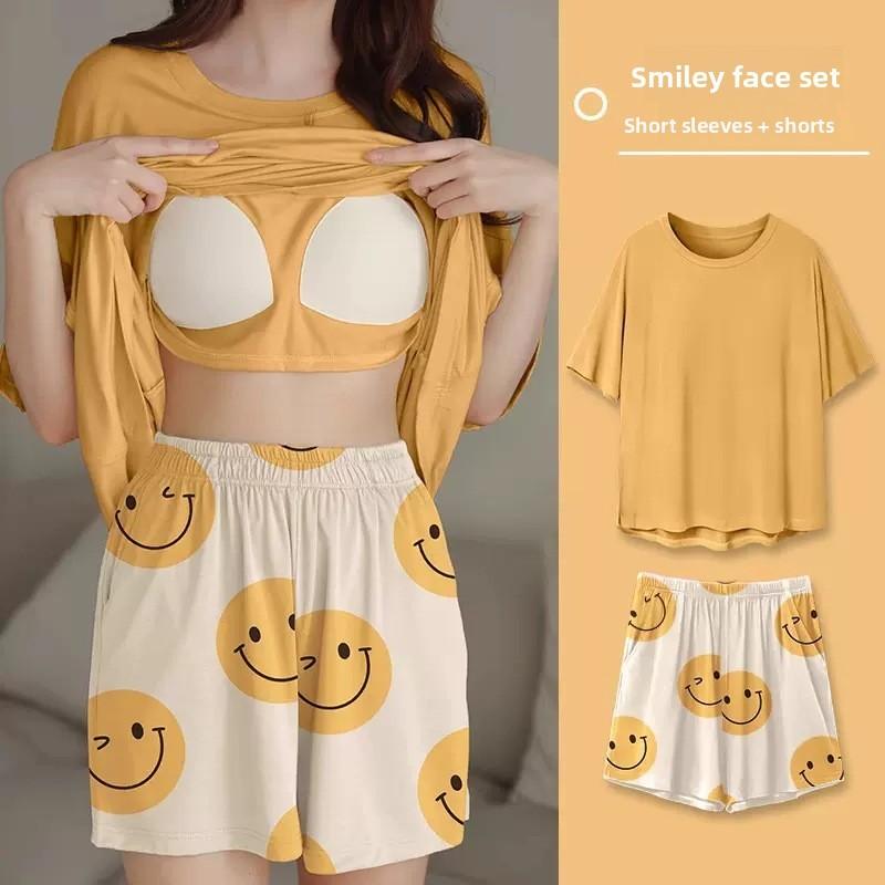 Cartoon Girl Summer Pajamas Set With Chest Padding For Sleep And Lounge Comfort