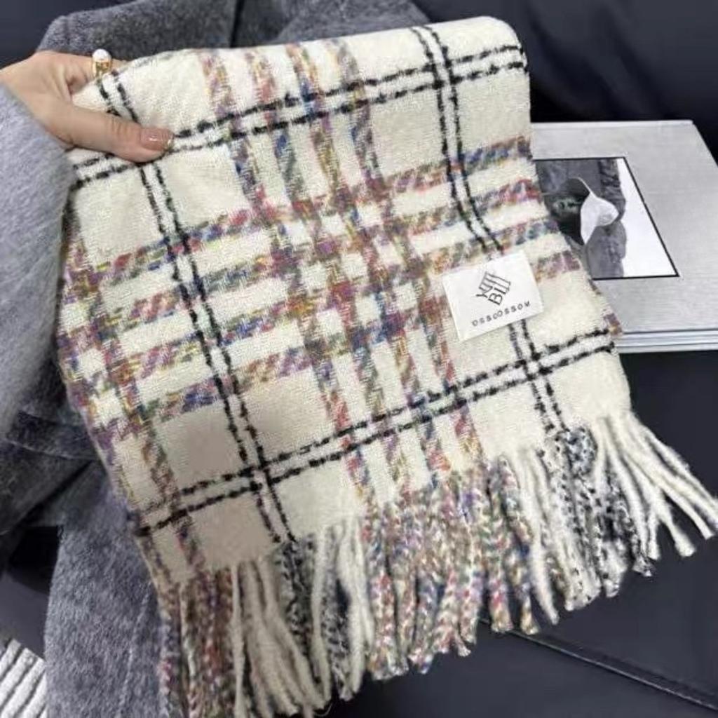 Beige High End Plaid Scarf for Women in Autumn and Winter Korean Atmosphere New Warm Shawl Student Scarf
