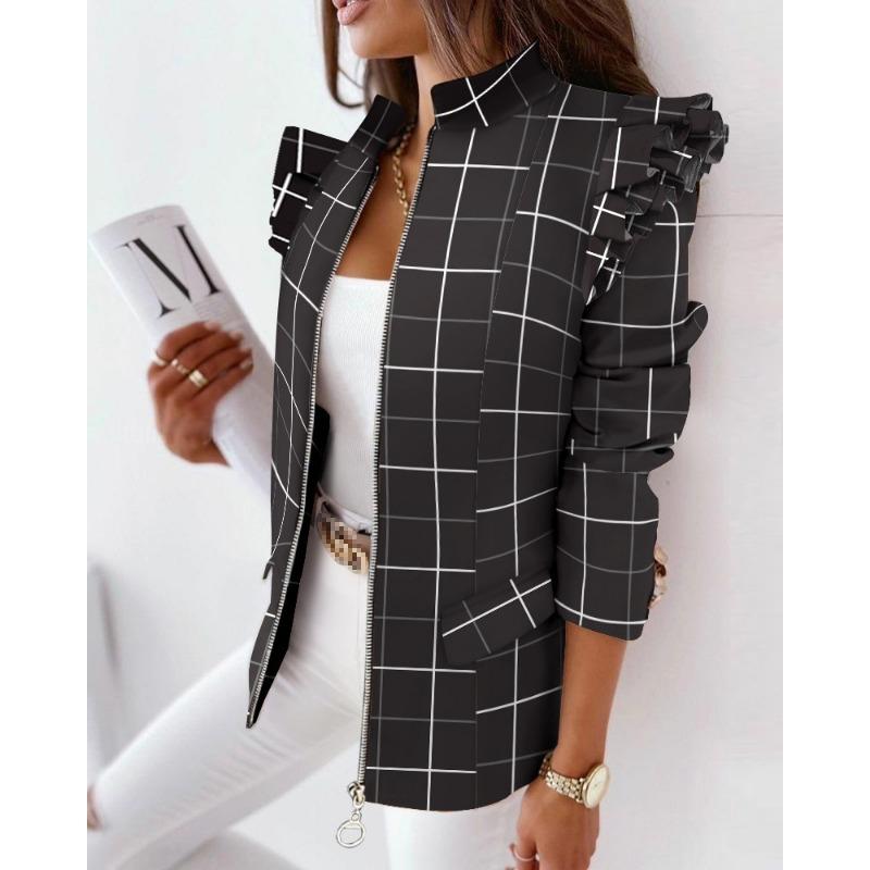 IHUASU Autumn Winter Ruffled Long Sleeve Zipper Print Suit Small Coat for Women