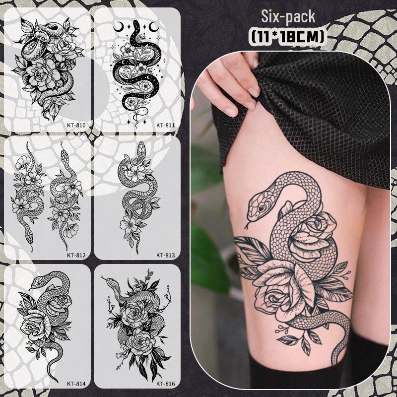 

«Водостойкие долговечные наклейки для татуировки «Танец змеи» с розой для женщин — травяной полуперманентный темный дизайн» 11*18cm