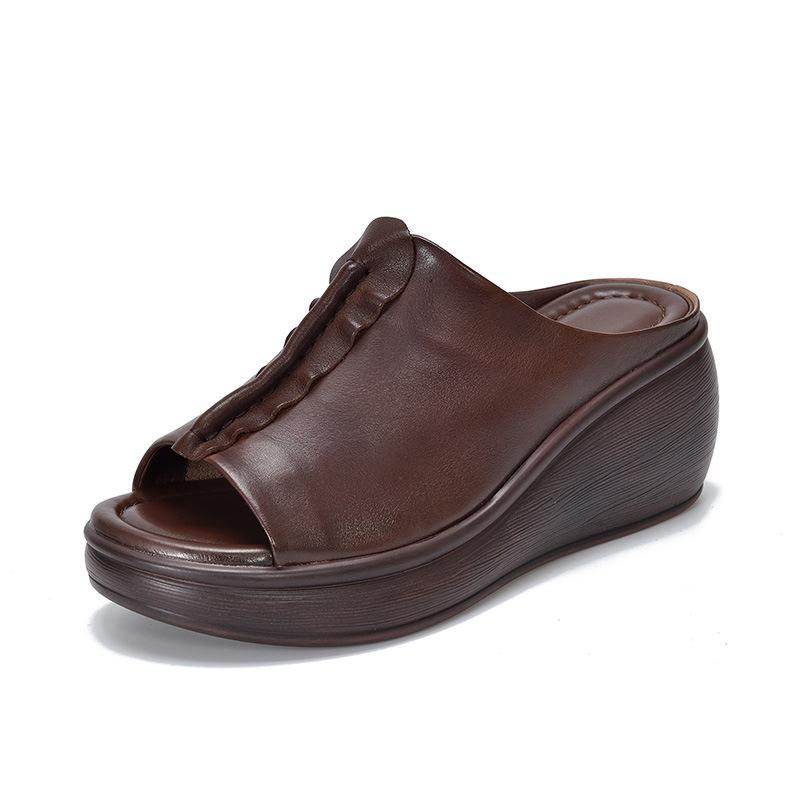 

Fashion Retro Style Fish Mouth Premium Genuine Leather Slippers 2025 New Summer Outdoor Slippers Wedges Elegant Women Sandals 40 коричневый