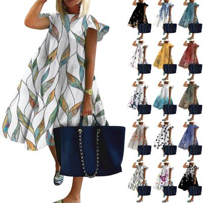 Vestidos de Moda Casual Holgados de Cuello Redondo con Manga con Volantes Estampados para Mujer