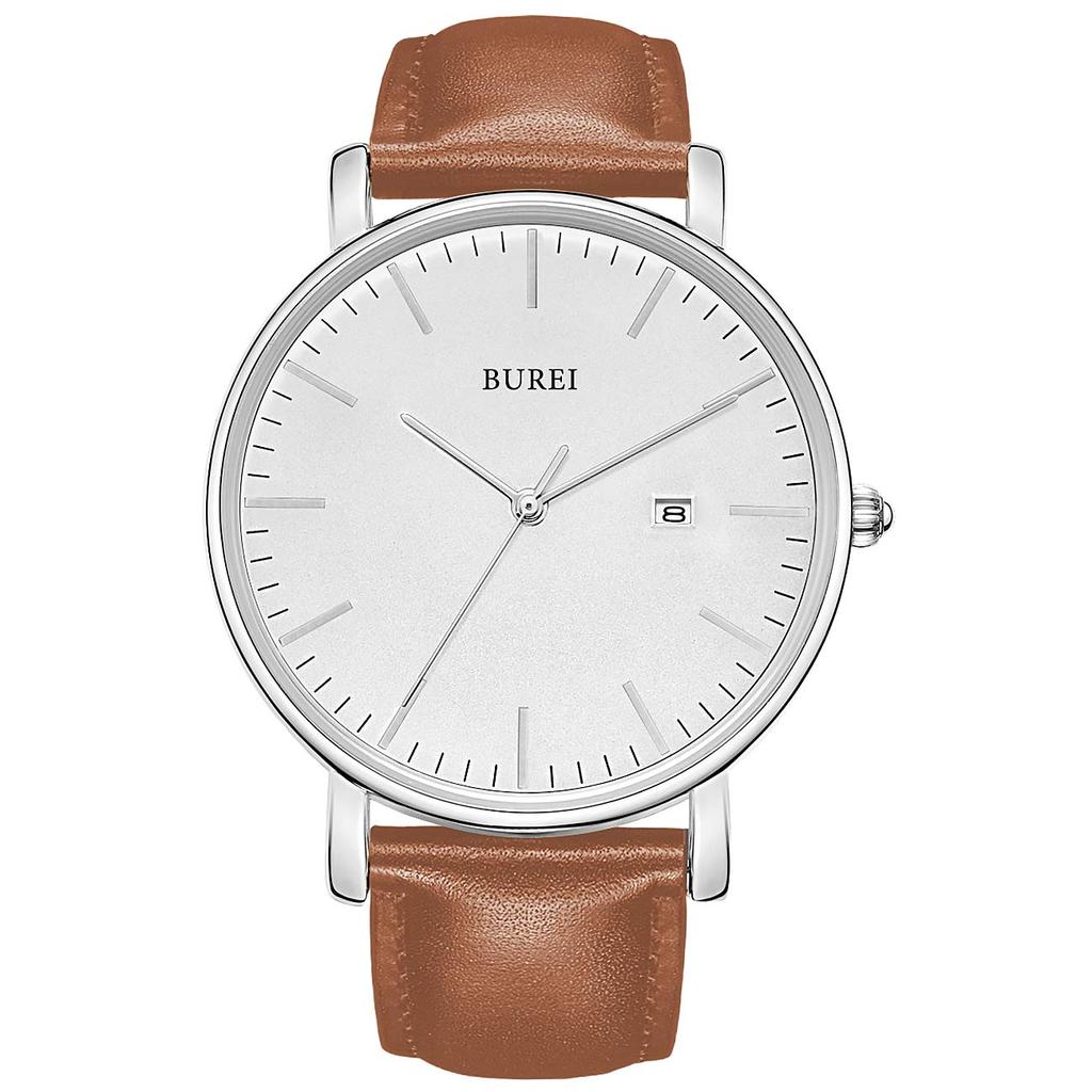 BUREI Men's Leather Watch, Simple Business Style, Waterproof, Analog, Stylish, Popular, Date Display, Slim Fit, Size M